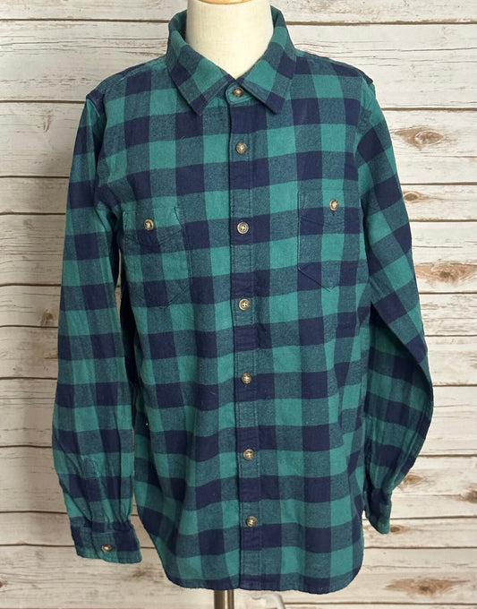 Hanna Andersson green navy buffalo plaid flannel button-up shirt Size 140cm/10