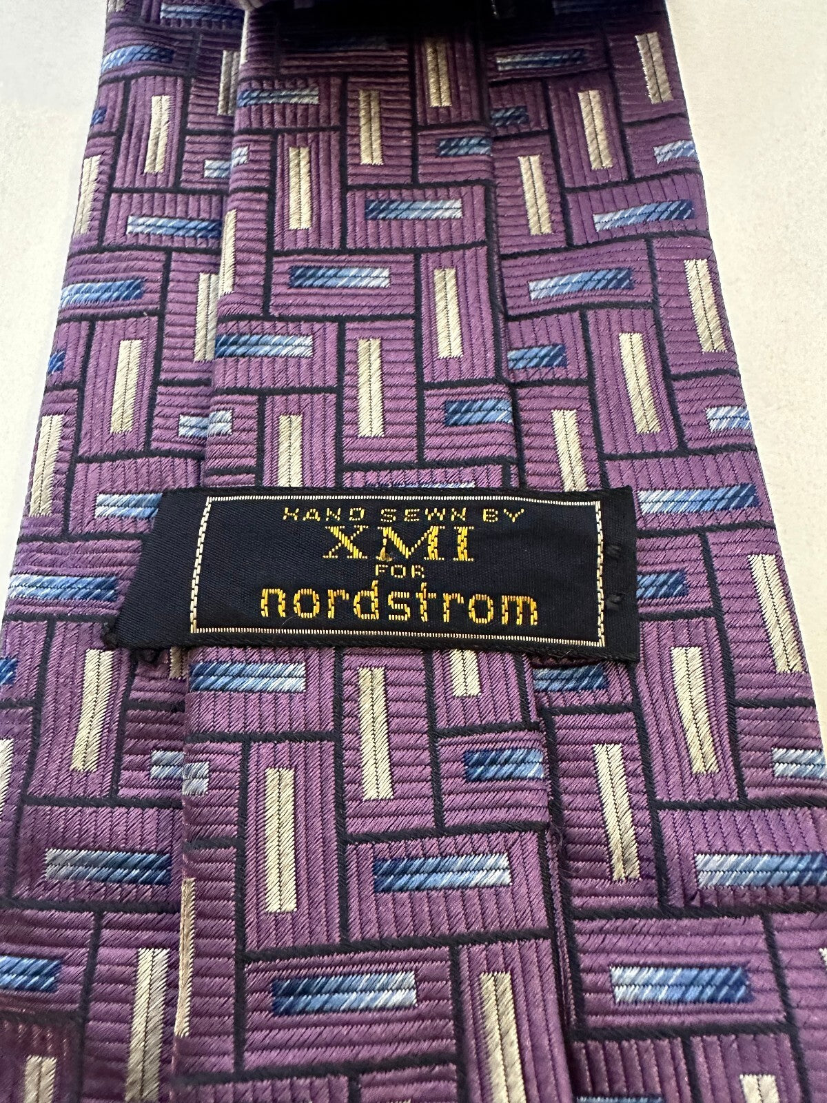 Vintage XMI for Nordstrom purple blue white geometric 100% Italian silk tie
