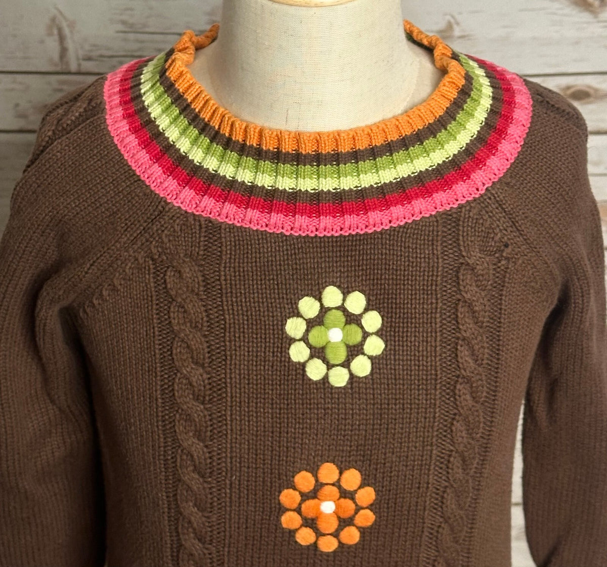 Gymboree Winter Cheer Dot Flower brown 100% cotton cable-knit sweater XS (3-4)