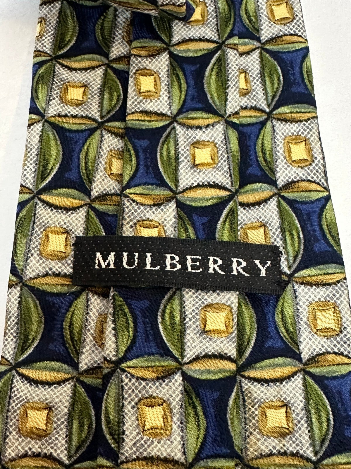 Mulberry blue green yellow cream geometric 100% Italian silk tie made in USA