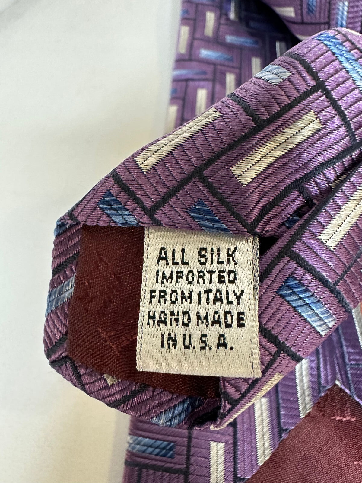 Vintage XMI for Nordstrom purple blue white geometric 100% Italian silk tie