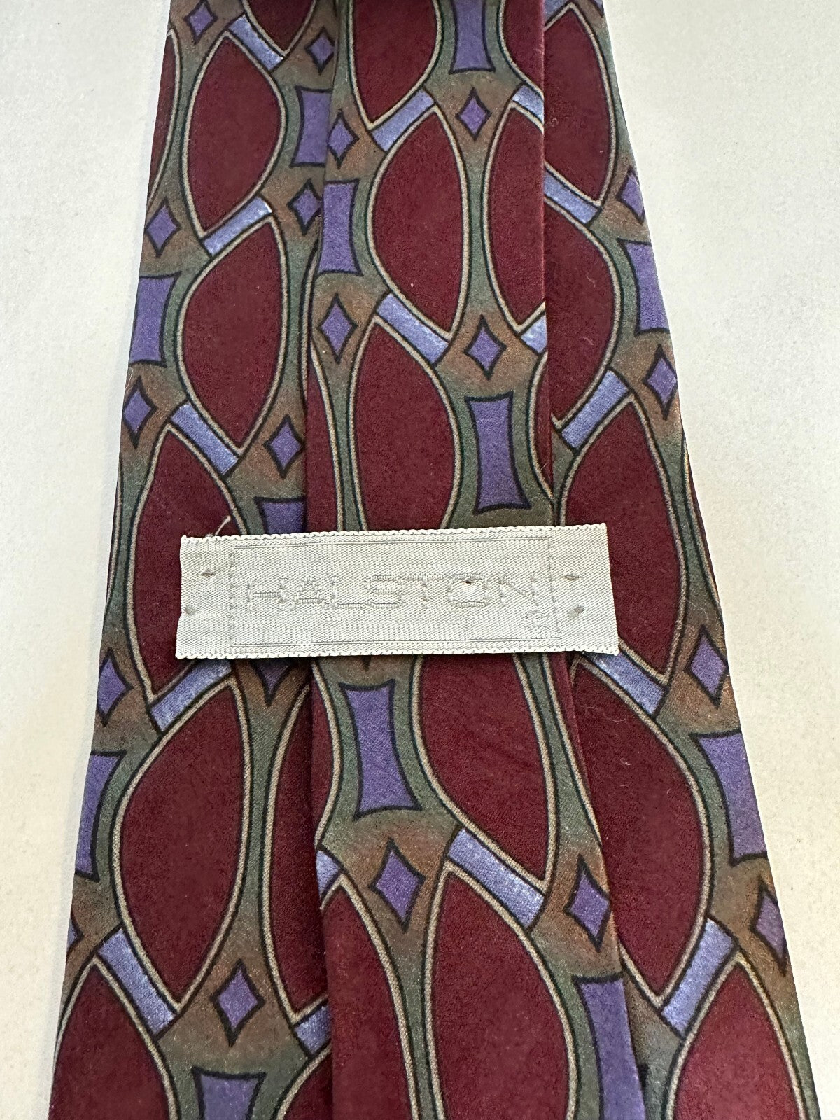 Vintage Halston burgundy olive lavender geometric 100% Italian silk tie Art Deco