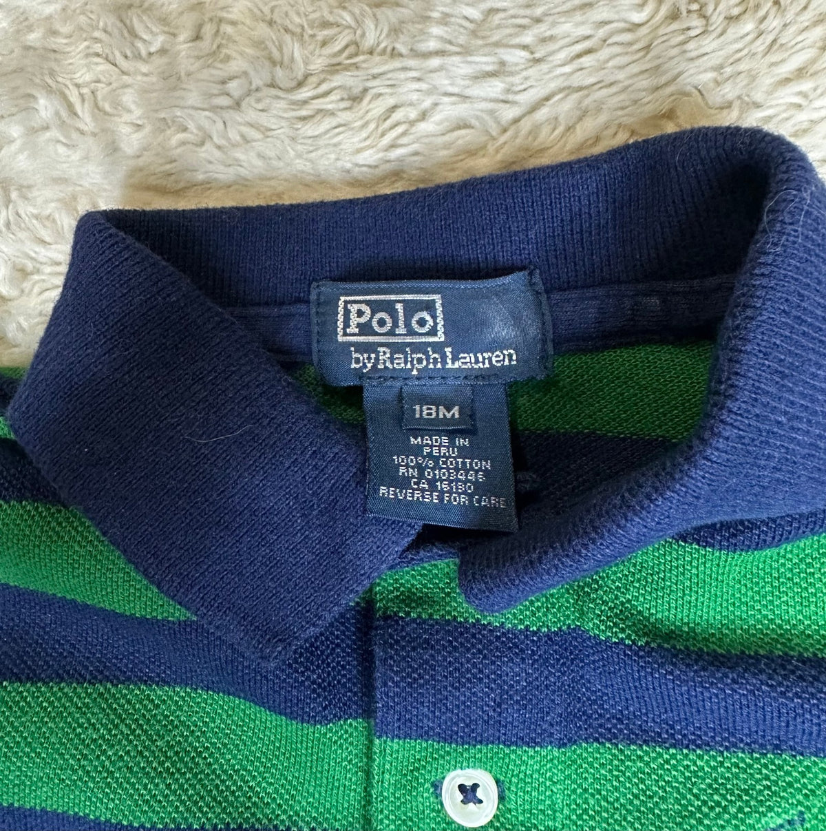 Polo by Ralph Lauren navy green striped rugby-style one-piece/romper 18M preppy