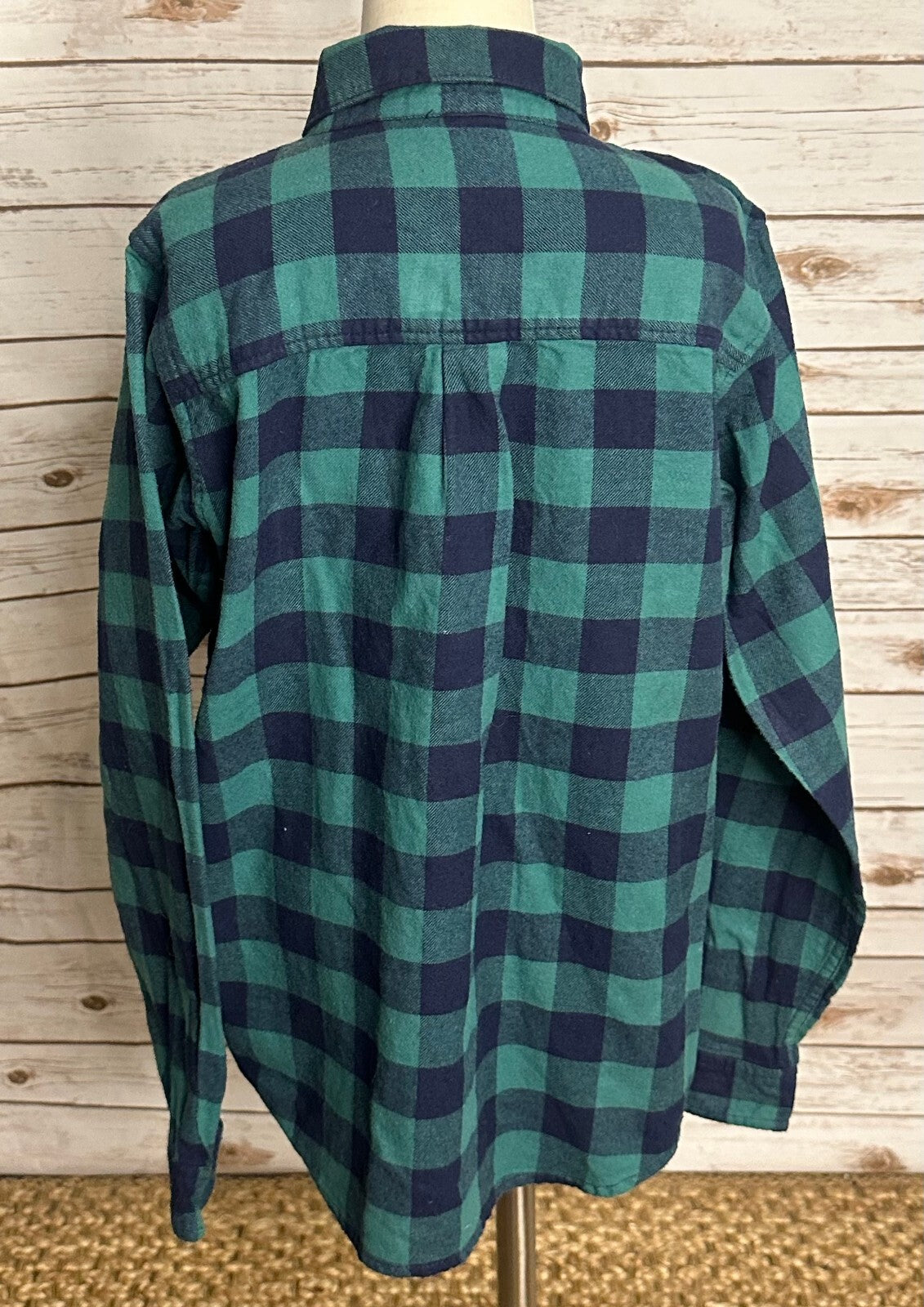 Hanna Andersson green navy buffalo plaid flannel button-up shirt Size 140cm/10