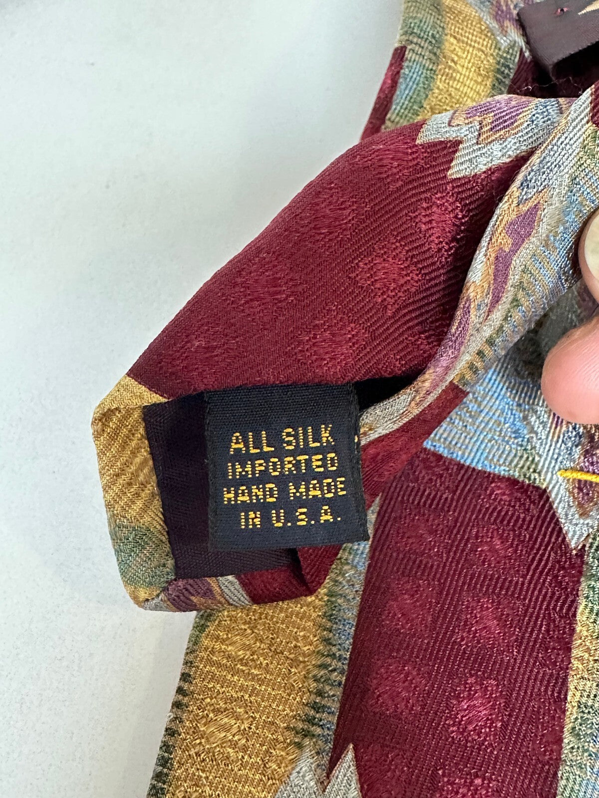 Vintage XMI burgundy gold silver abstract geometric 100% silk tie artsy eclectic