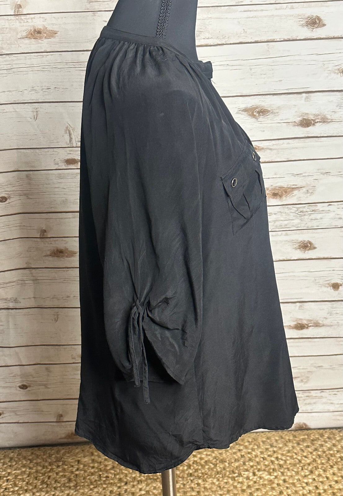 Yumi Kim black 100% silk V-neck utility button-front henley top XS minimalism