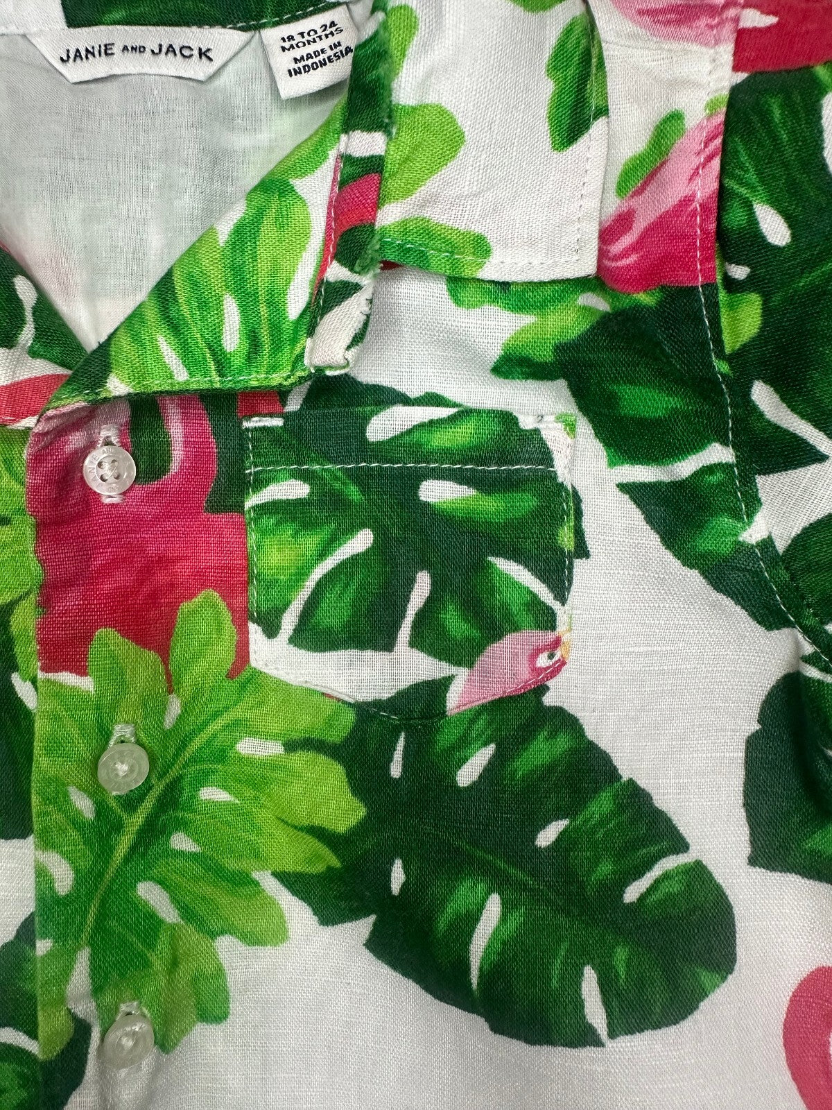 Janie and Jack green pink white short sleeve linen-cotton romper 18-24M tropical