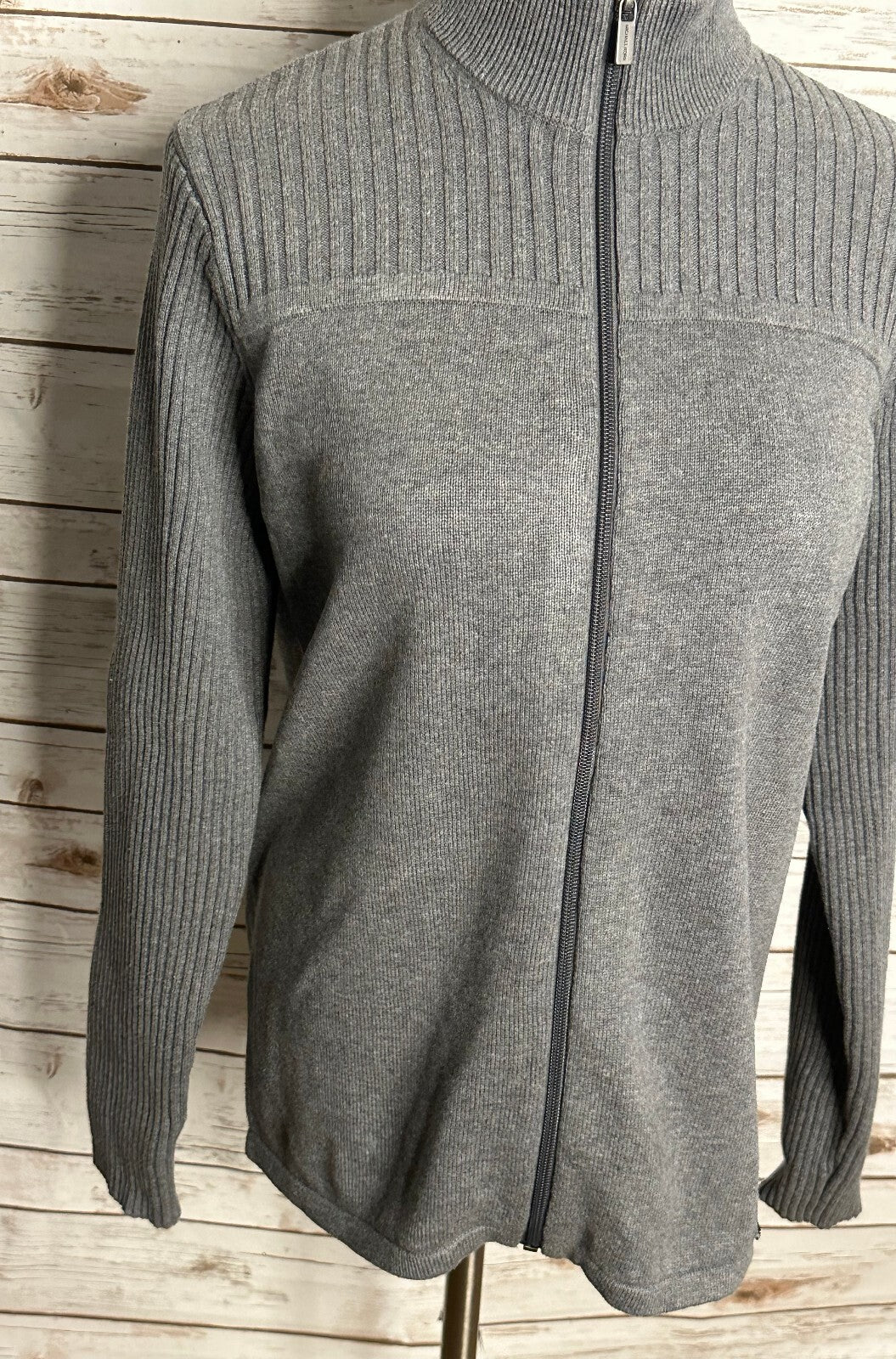 Michael Kors grey ribbed knit long sleeve full zip sweater Medium minimalism