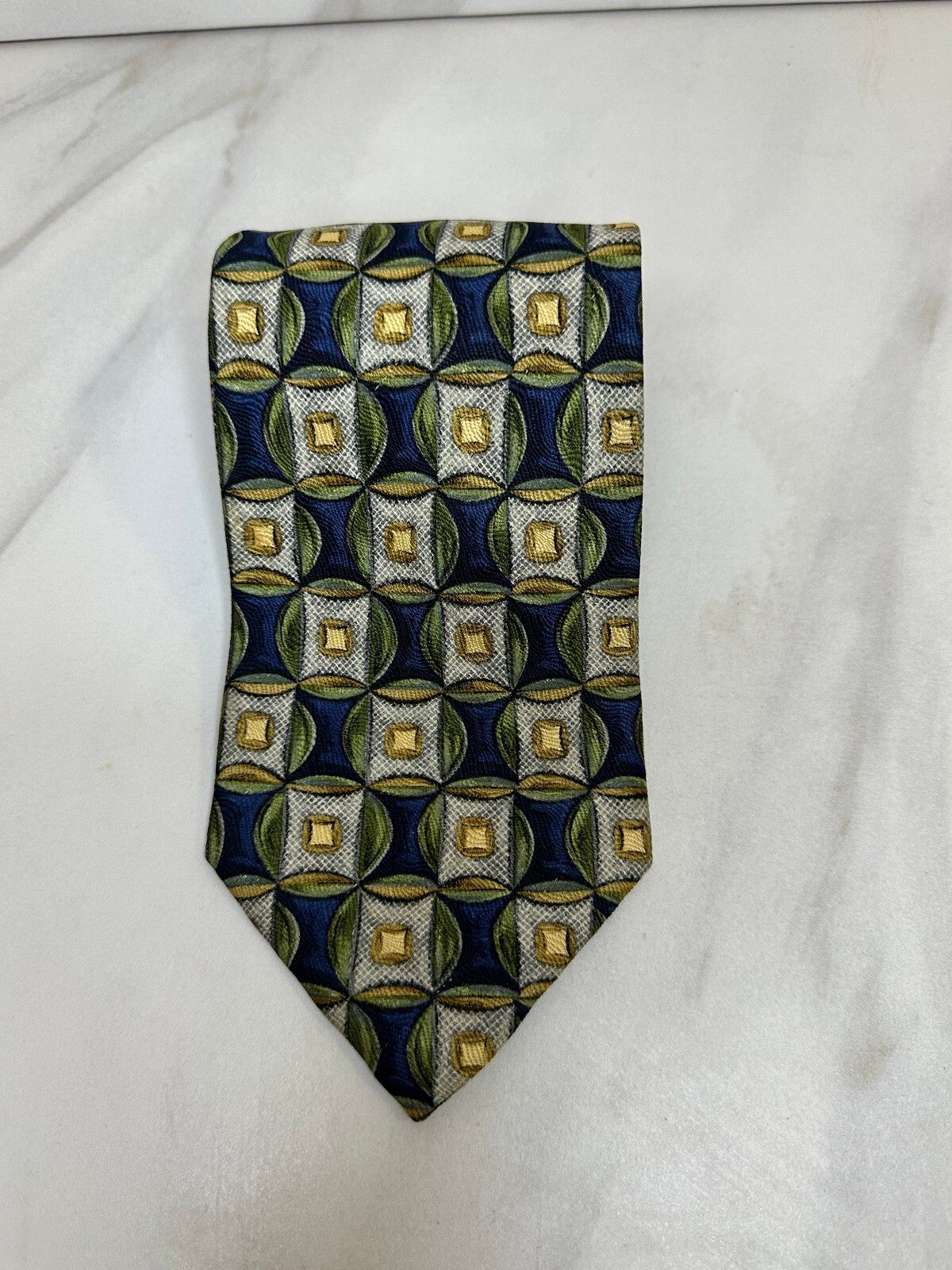 Mulberry blue green yellow cream geometric 100% Italian silk tie made in USA