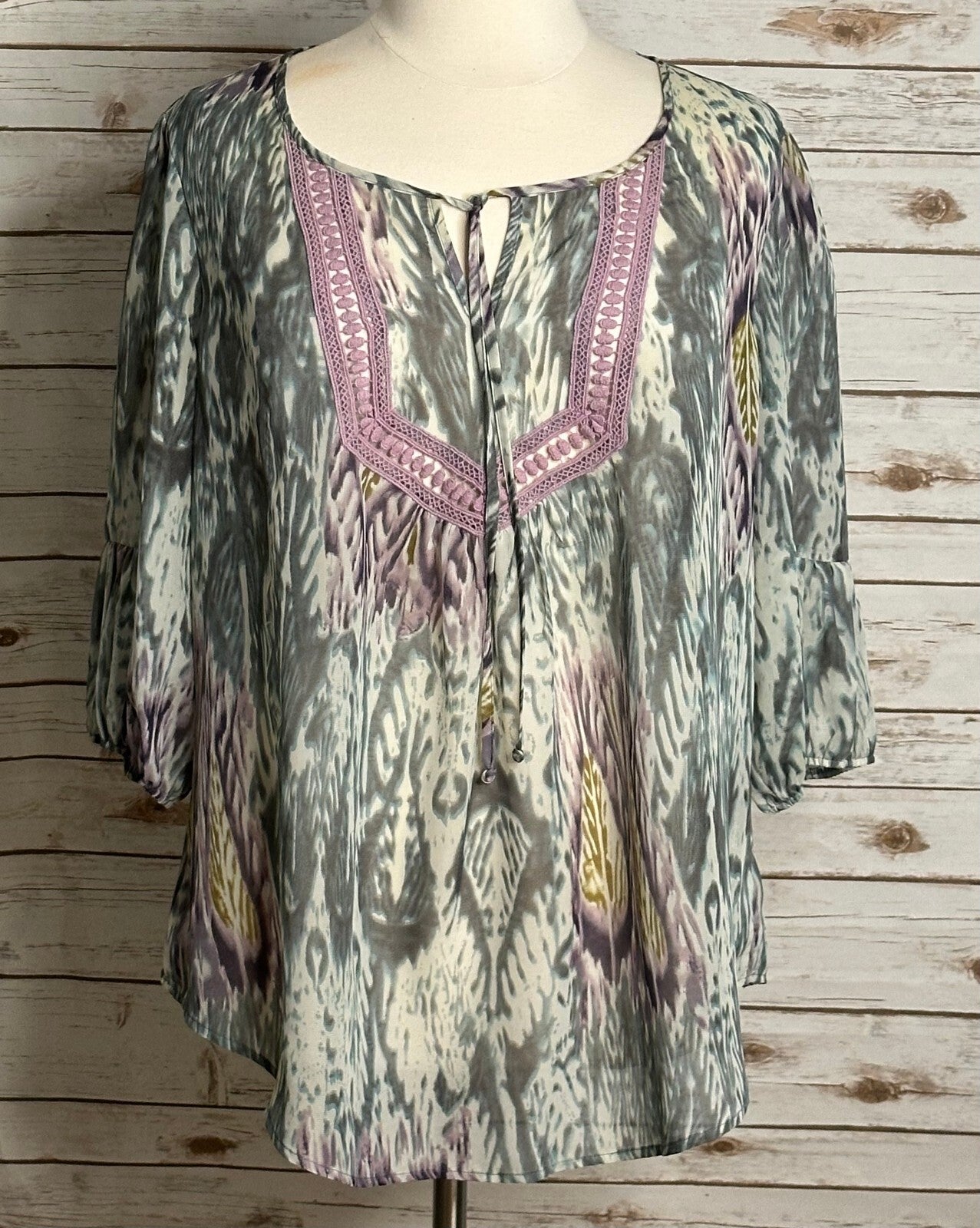 Marc Bouwer multicolored embroidered 3/4 sleeve semi-sheer peasant blouse 2X