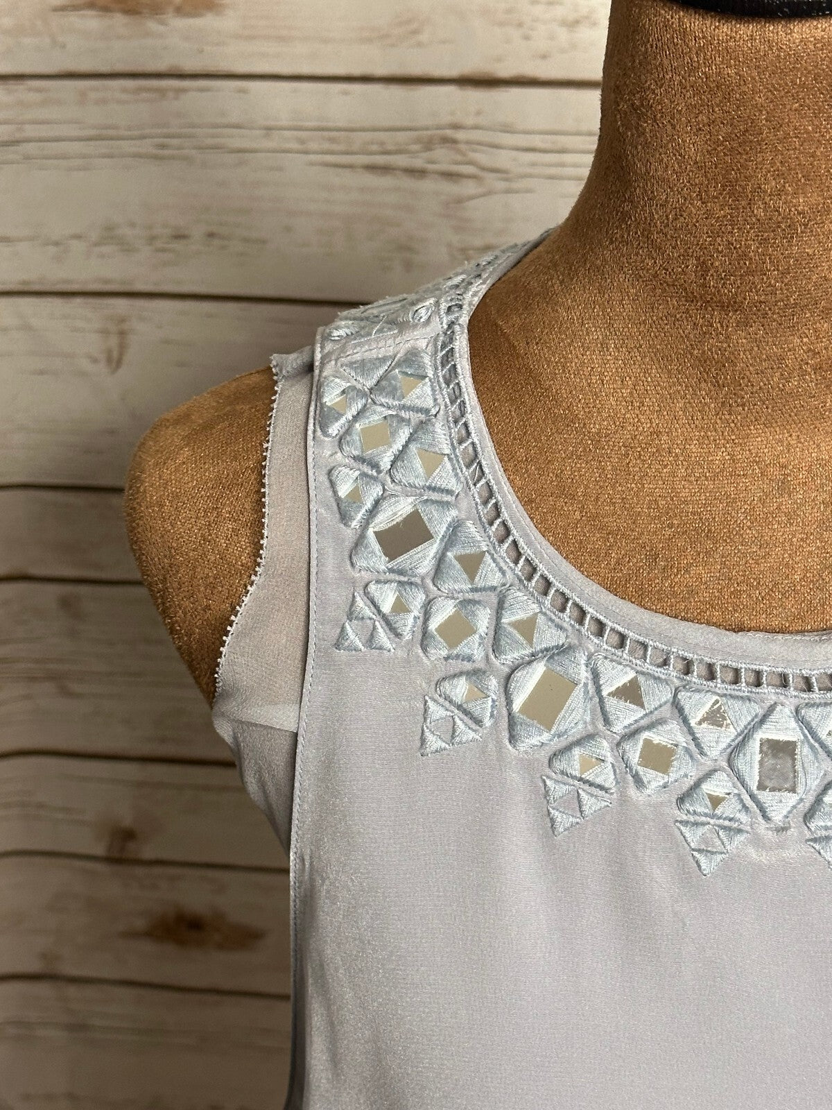 Rebecca Taylor light blue silver geometric embroidered sleeveless silk top 4