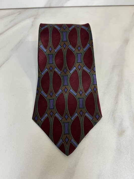 Vintage Halston burgundy olive lavender geometric 100% Italian silk tie Art Deco