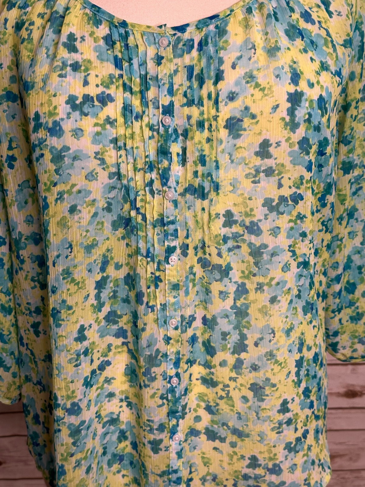 St John's Bay blue green floral 3/4 sleeve crinkle button-up peasant blouse 1X