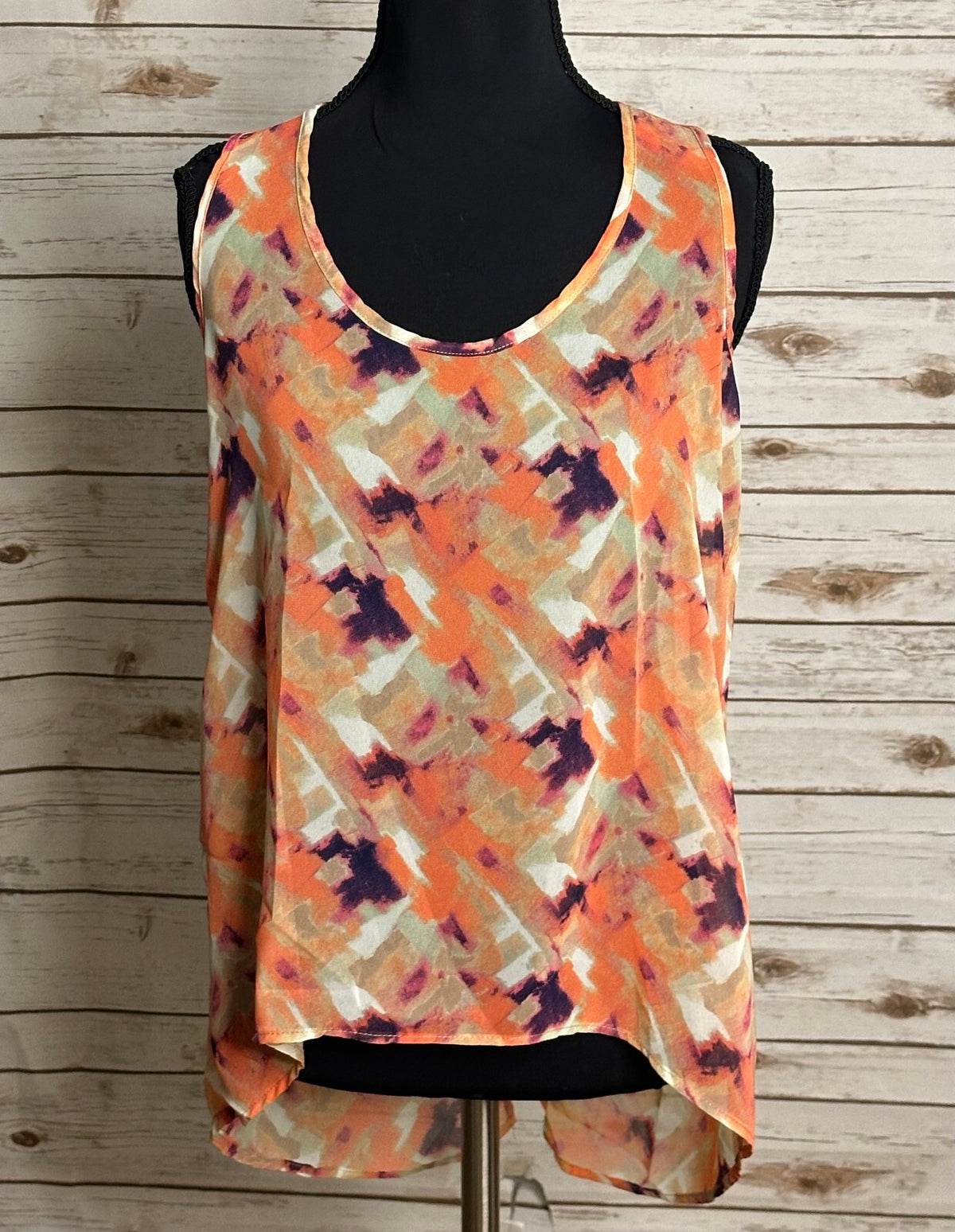 Paper Crane peach purple abstract scoop neck sleeveless sheer tank top Small