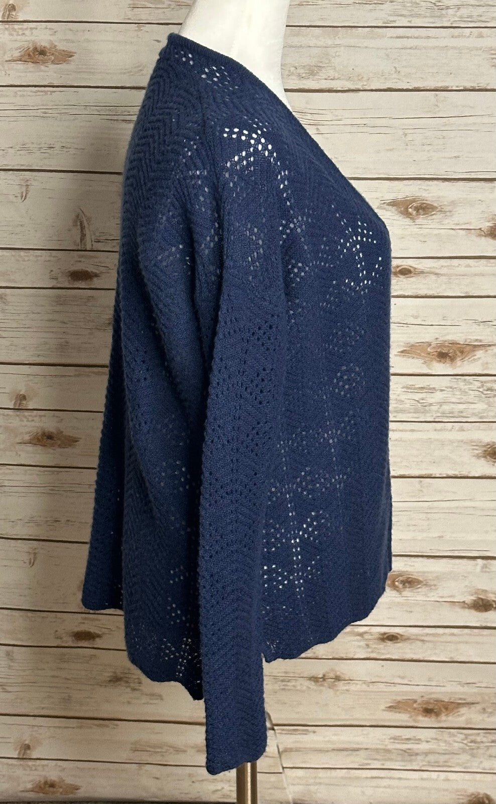 Garnet Hill navy blue cashmere linen pointelle knit open cardigan sweater XS