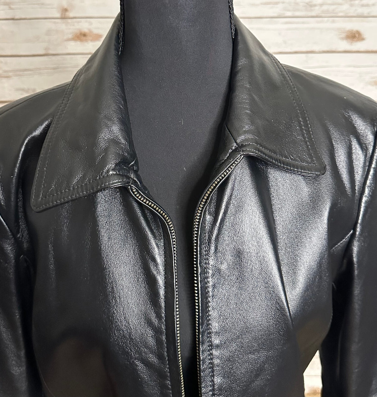 Black 100% leather full zip long sleeve jacket Small minimalist quiet luxury
