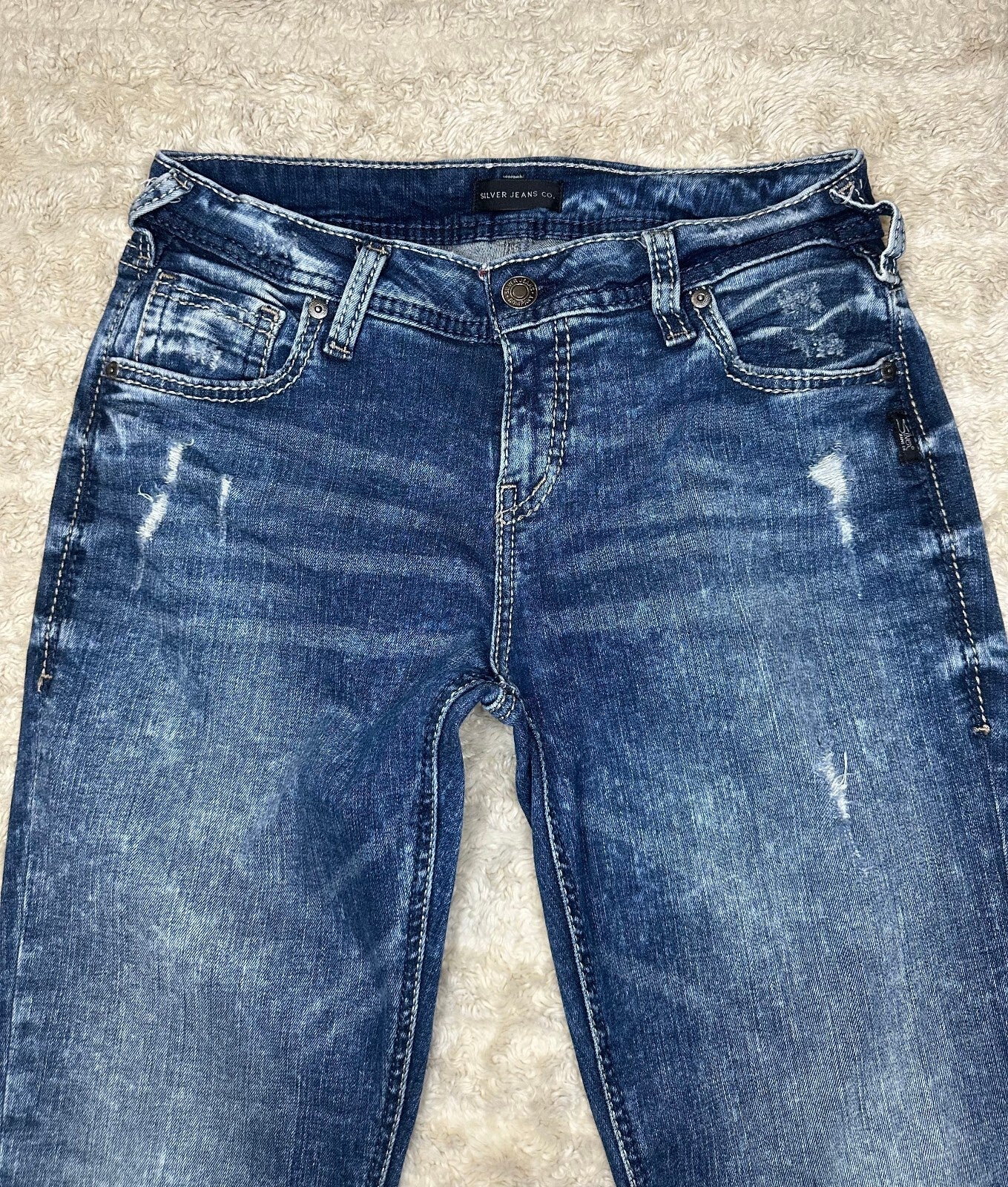 Silver Jeans Co Girlfriend medium wash distressed stretch denim jeans 29x29