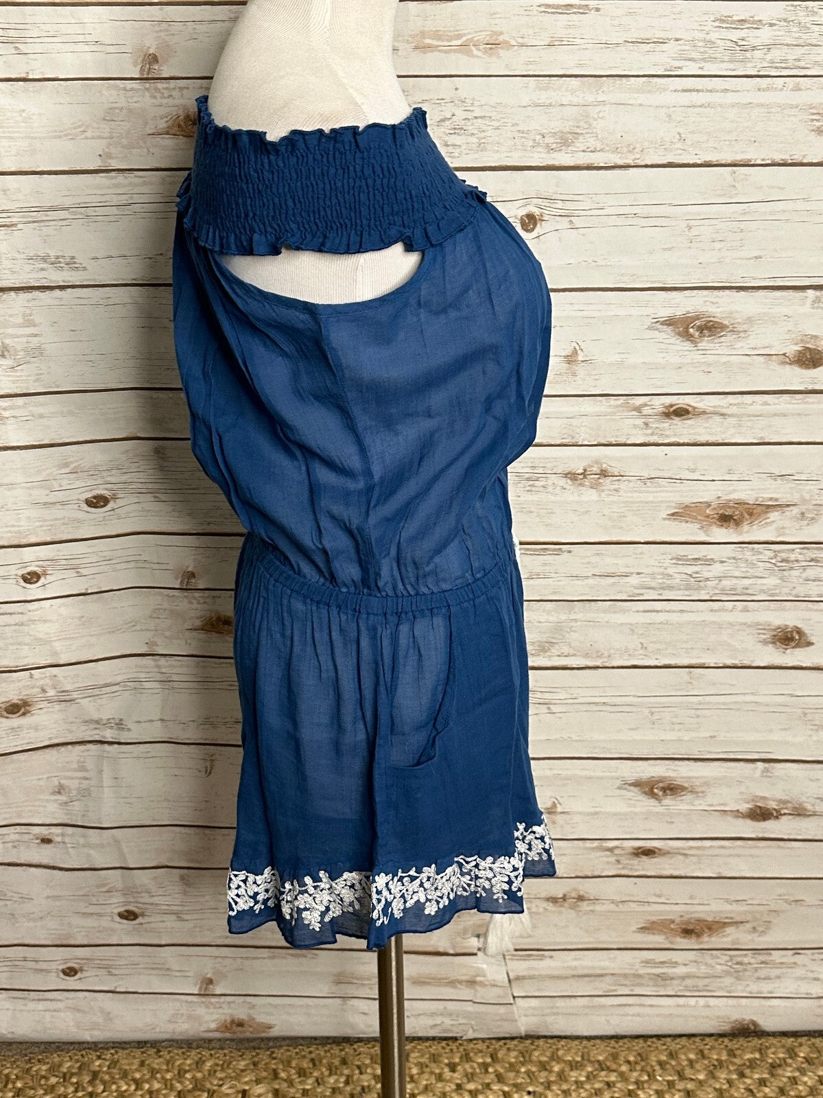 Lucky Brand blue white embroidered off the shoulder romper Small beach festival