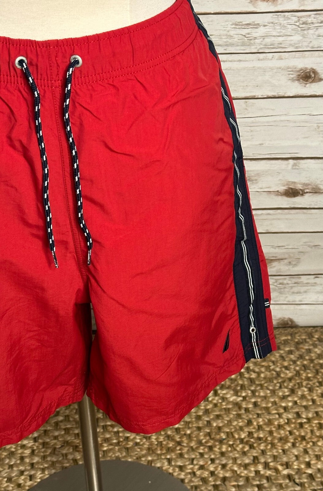 Nautica red navy striped swim trunks/board shorts Size XL preppy 90s Americana