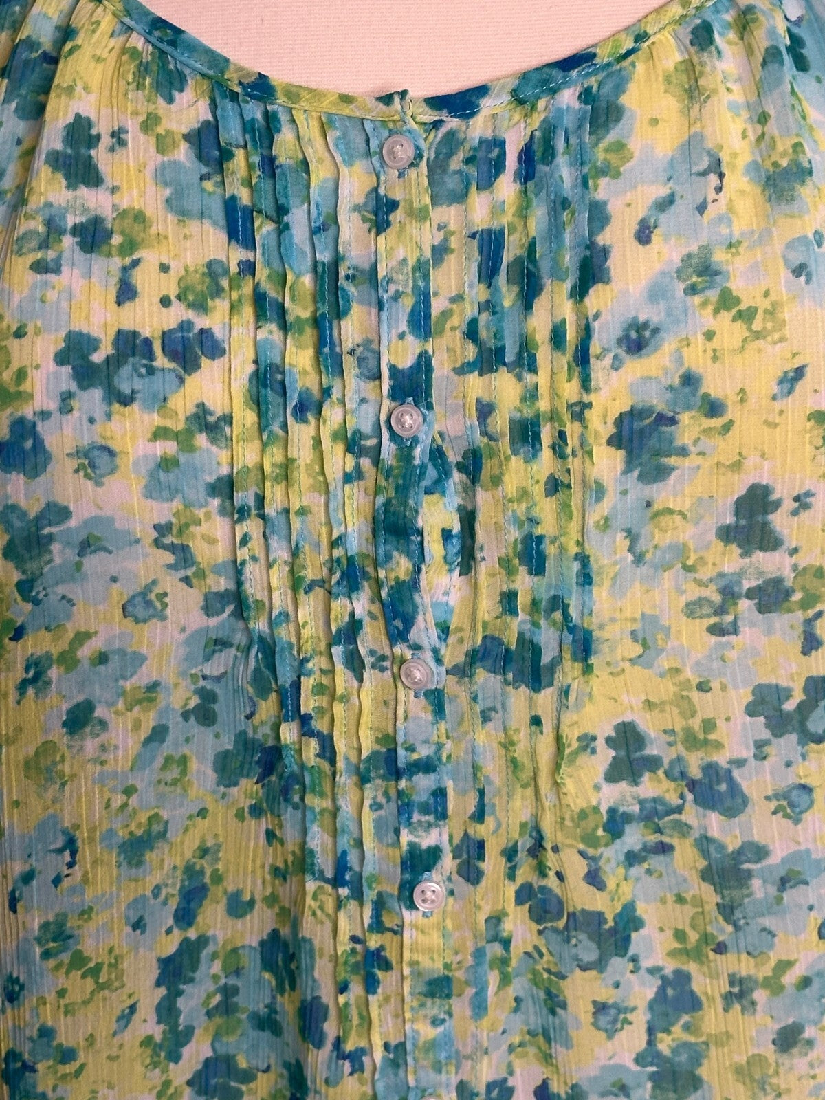 St John's Bay blue green floral 3/4 sleeve crinkle button-up peasant blouse 1X