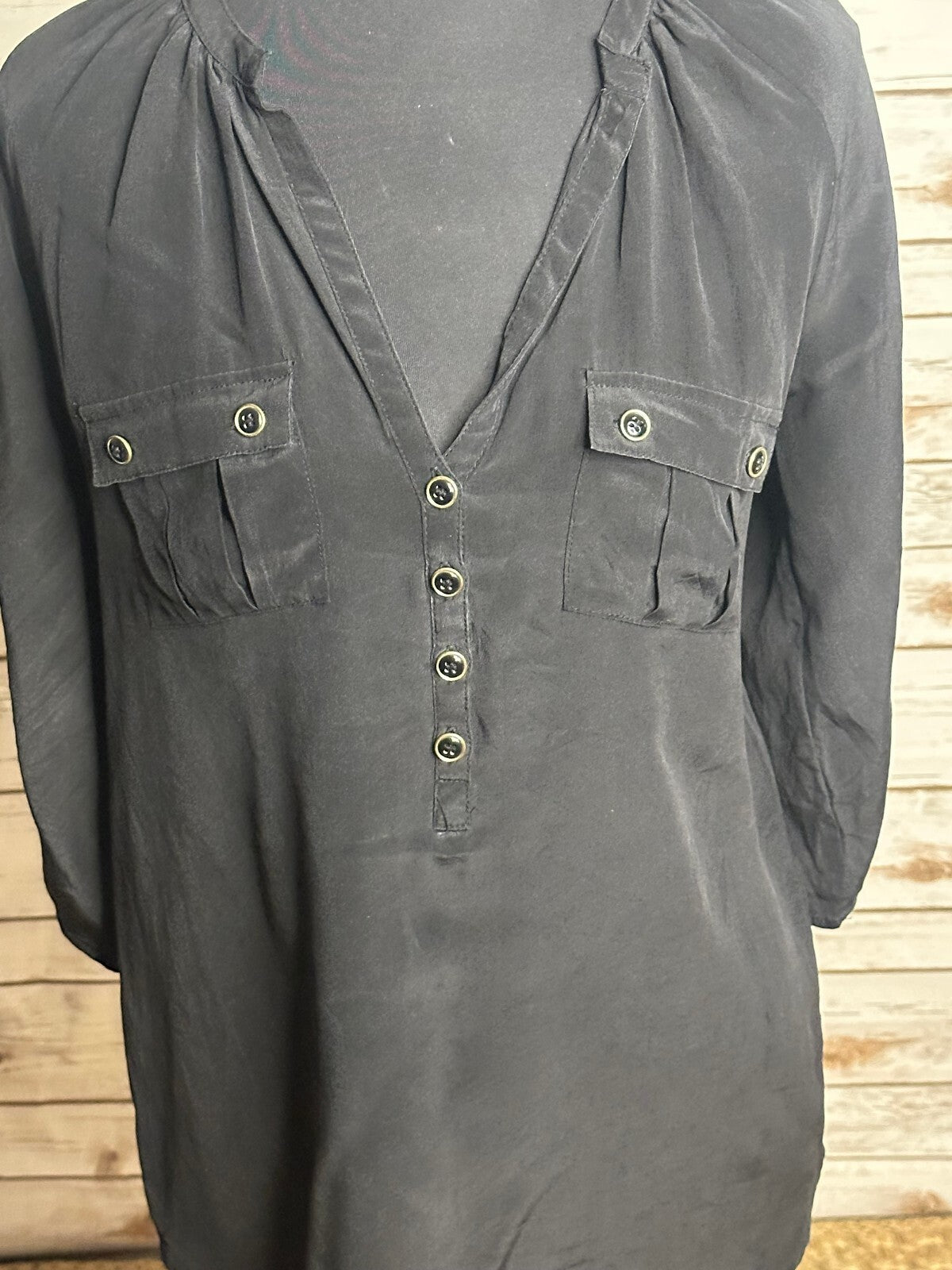 Yumi Kim black 100% silk V-neck utility button-front henley top XS minimalism