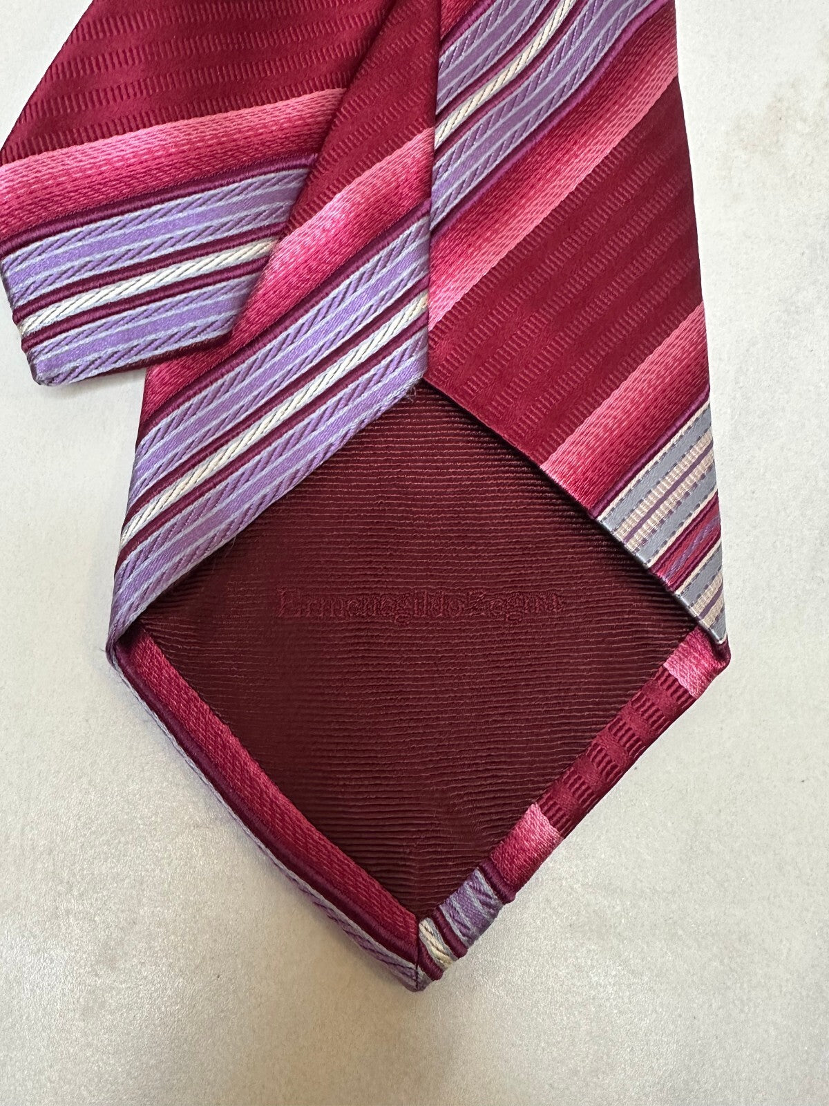 Ermenegildo Zegna burgundy pink blue diagonal striped silk tie quiet luxury