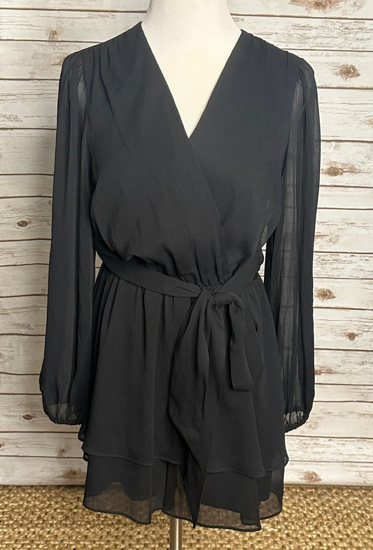 Express Conscious Edit black chiffon sheer long sleeve wrap-style romper Medium