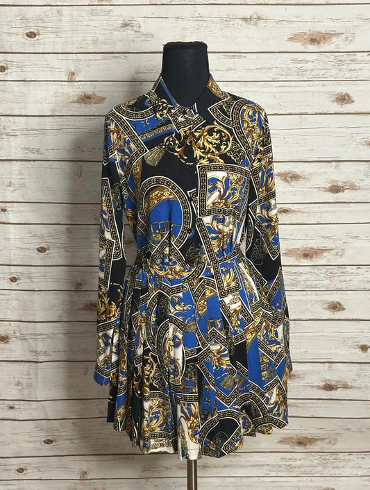 Fashion Nova baroque-style long sleeve button-up shirt/pleated skirt set Size S