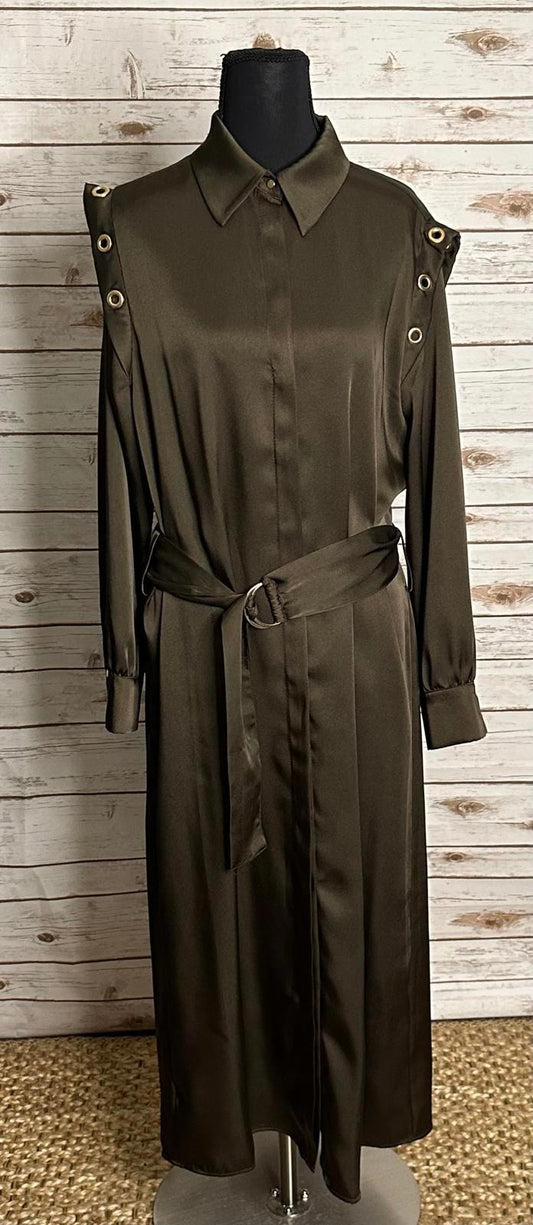 Zara olive green satin grommet detail belted Ring Trim maxi shirtdress Size M