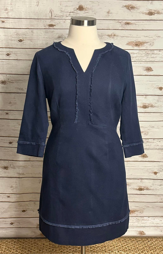 Boden navy blue office siren cotton frayed trimmed textured sheath dress Size 16