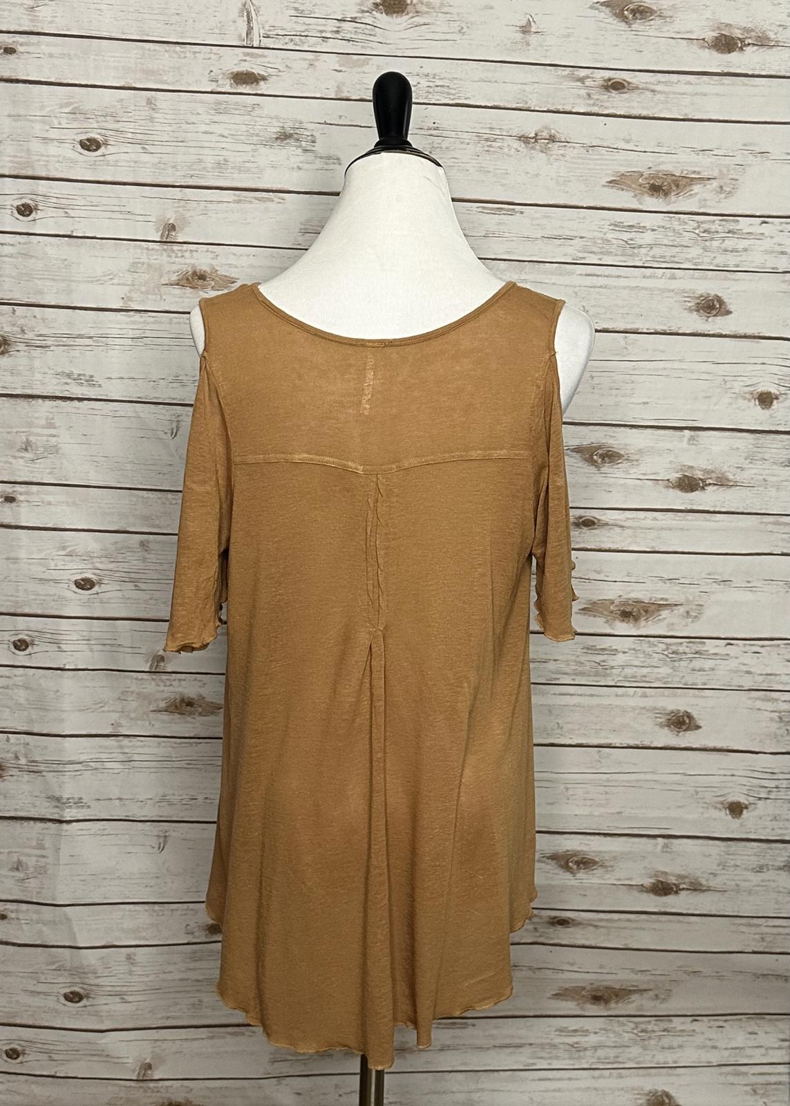 Free People tan lagenlook boho Bittersweet linen-blend cold shoulder top Size XS