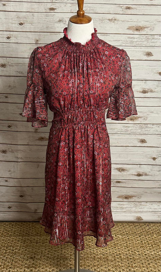 Anthropologie Ranna Gill red ditsy floral Franny smocked mini dress Size Small