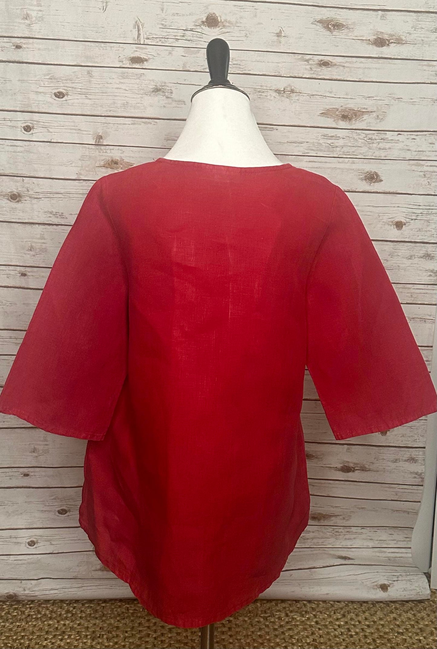 Bryn Walker tomato girl red ruffle front 3/4 length sleeve linen top Size Small