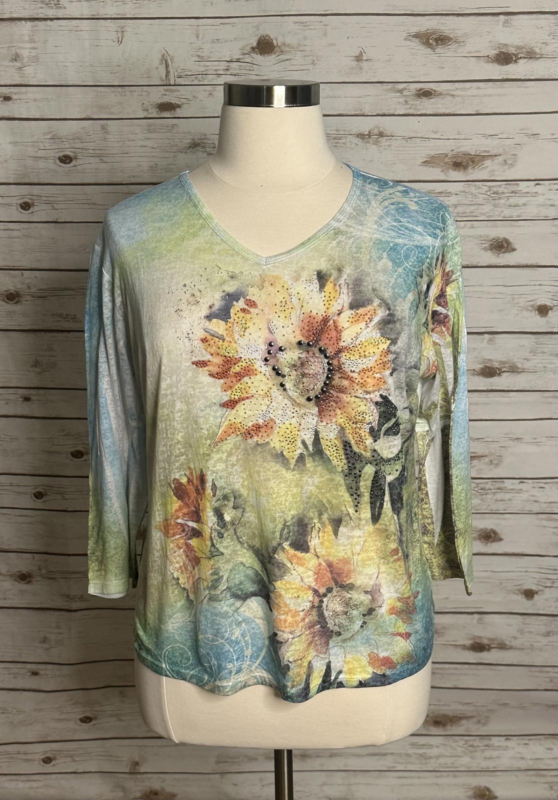 Jess & Jane artsy boho burnout studded/beaded V-neck Sunflowers t-shirt Size XL