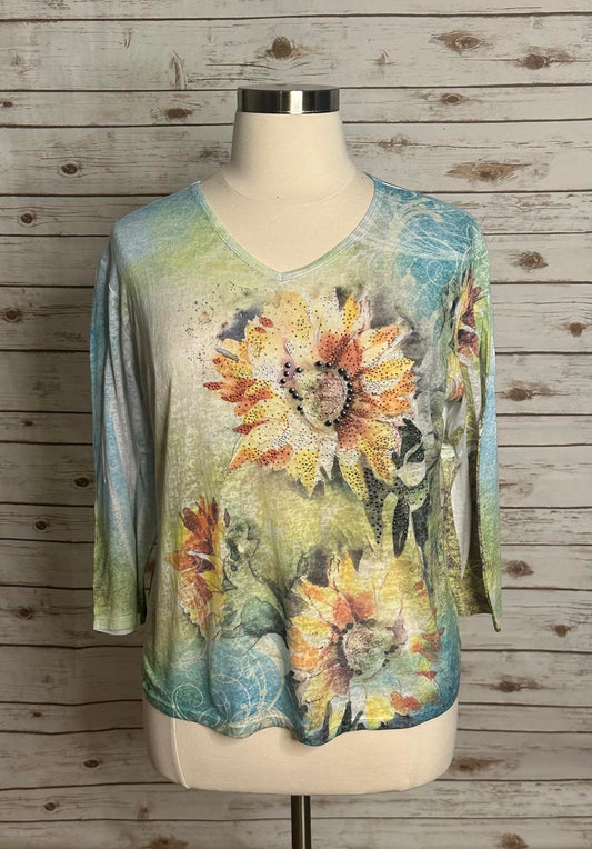 Jess & Jane artsy boho burnout studded/beaded V-neck Sunflowers t-shirt Size XL