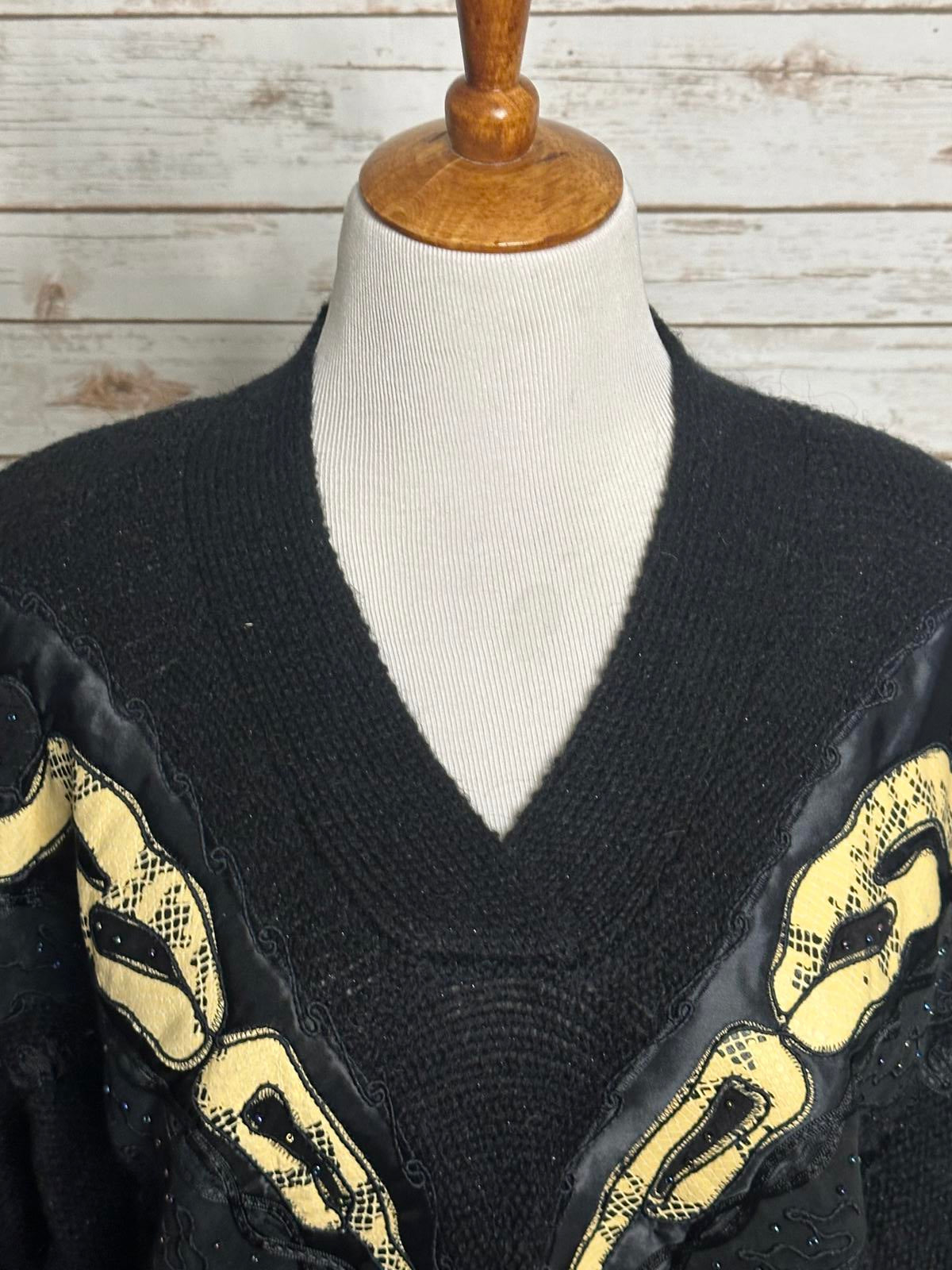 Vintage susann d mixed pattern embroidered V-neck wool-blend sweater Size Medium