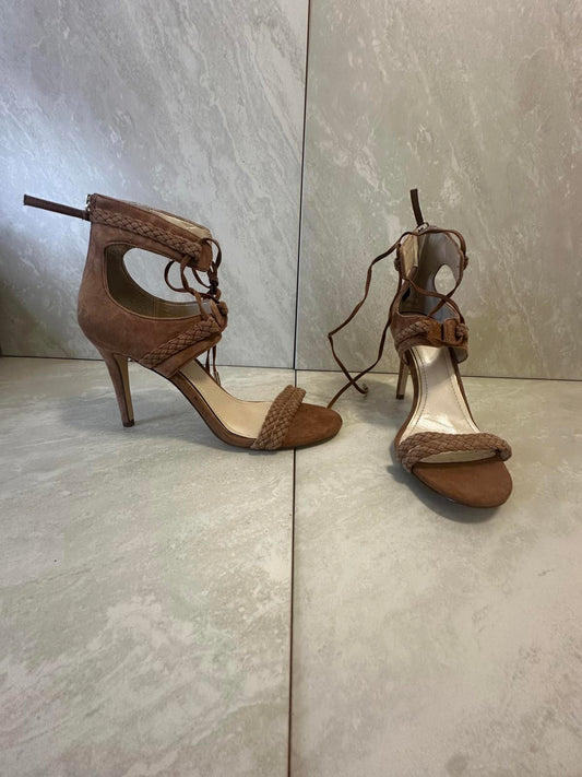 White House Black Market Serenity tan suede lace-up ankle heel sandals Size 8M