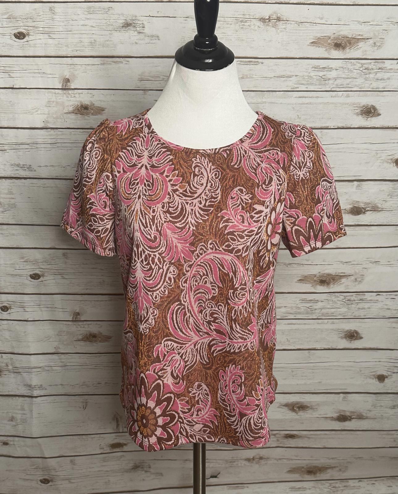 by Anthropologie metallic floral brocade short sleeve top Size Small