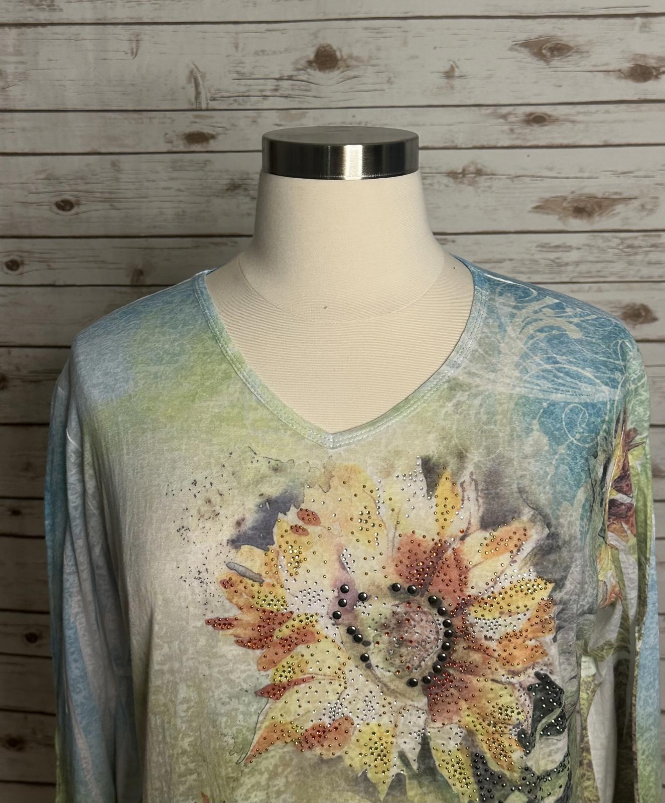 Jess & Jane artsy boho burnout studded/beaded V-neck Sunflowers t-shirt Size XL