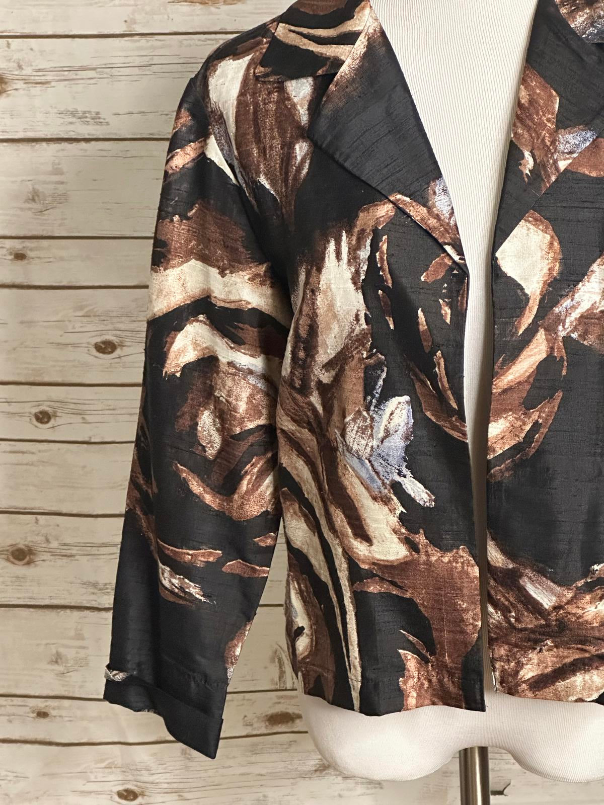 Chico's artsy black and brown watercolor floral silk open jacket Size 1/Med/8